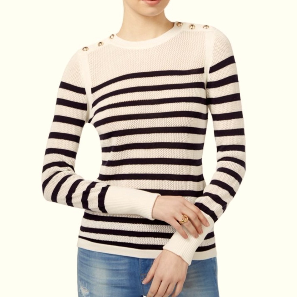 TALBOTS Nautical Mariner Stripes Womens Button-Shoulder Knit Sweater size L